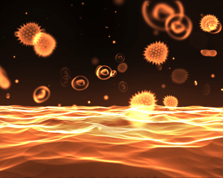 Abstract illustration of immune cells and pathogens above glowing waves, symbolizing immune support
