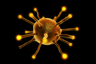 3D illustration of a glowing virus particle with spikes on a black background
