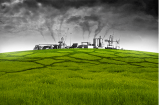 Industrial factory emitting smoke behind a vibrant green field under cloudy skies, symbolizing environmental pollution and chemical exposure.