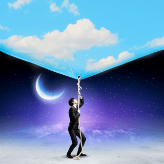 Man pulls a rope to reveal day sky from night, symbolizing biological clock concept