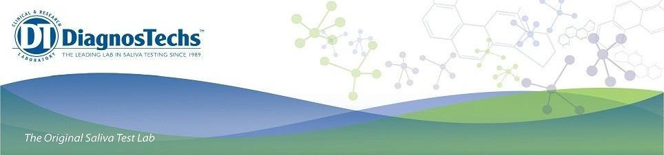 DiagnosTechs saliva test lab banner with molecular graphics and scientific theme