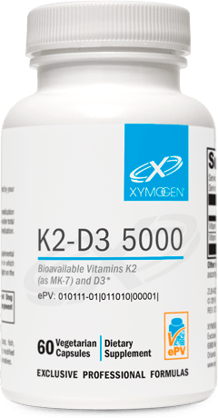 Bottle of K2-D3 5000 dietary supplement, 60 vegetarian capsules, by XYMOGEN