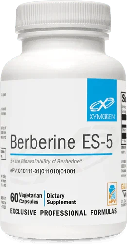 Berberine ES-5 60 vegetarian capsules dietary supplement bottle, white with blue label