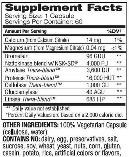 Nattokinase Pro supplement facts label with enzyme and mineral blend, 60 capsules per bottle.