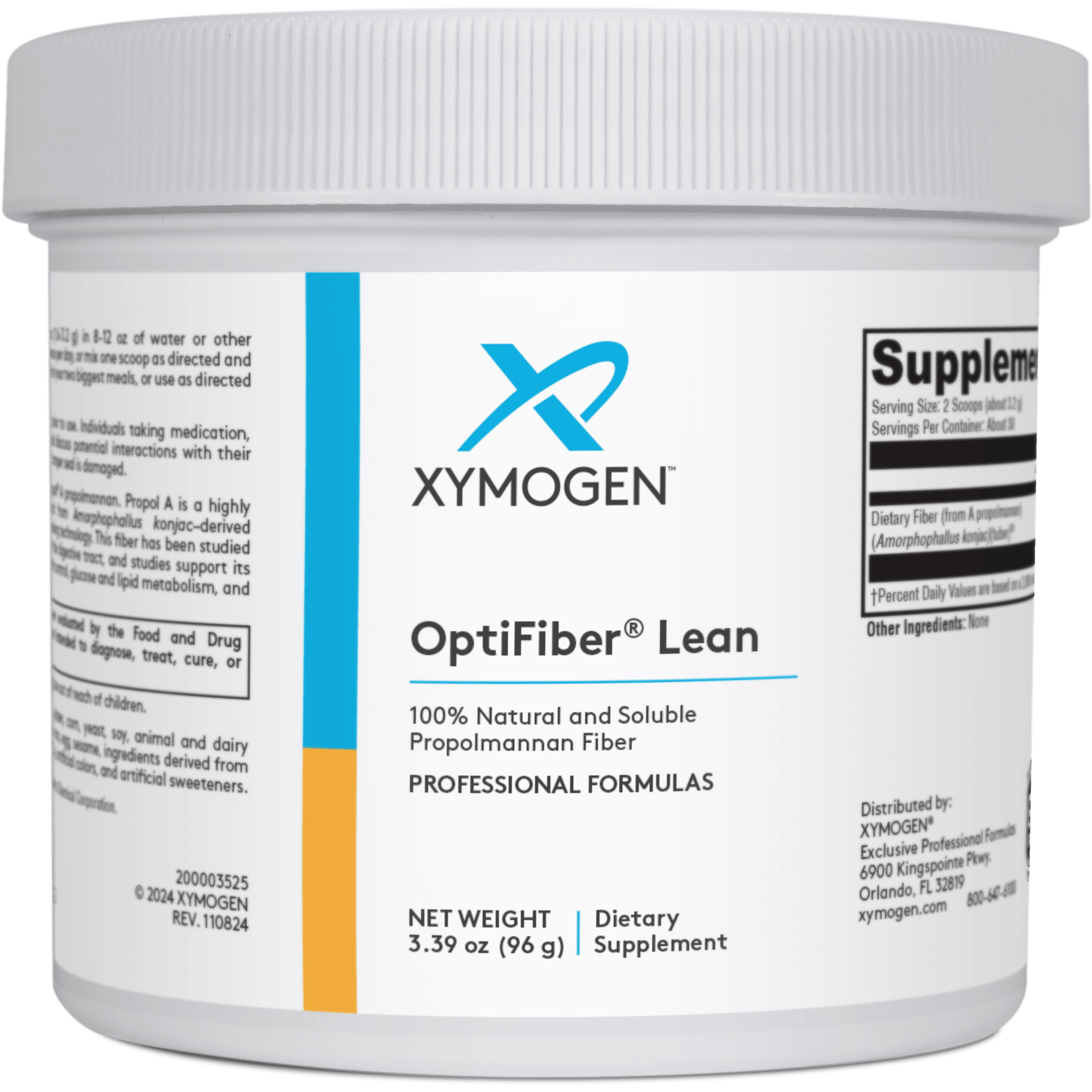 OptiFiber Lean dietary supplement container, 30 servings, natural propolmannan fiber.