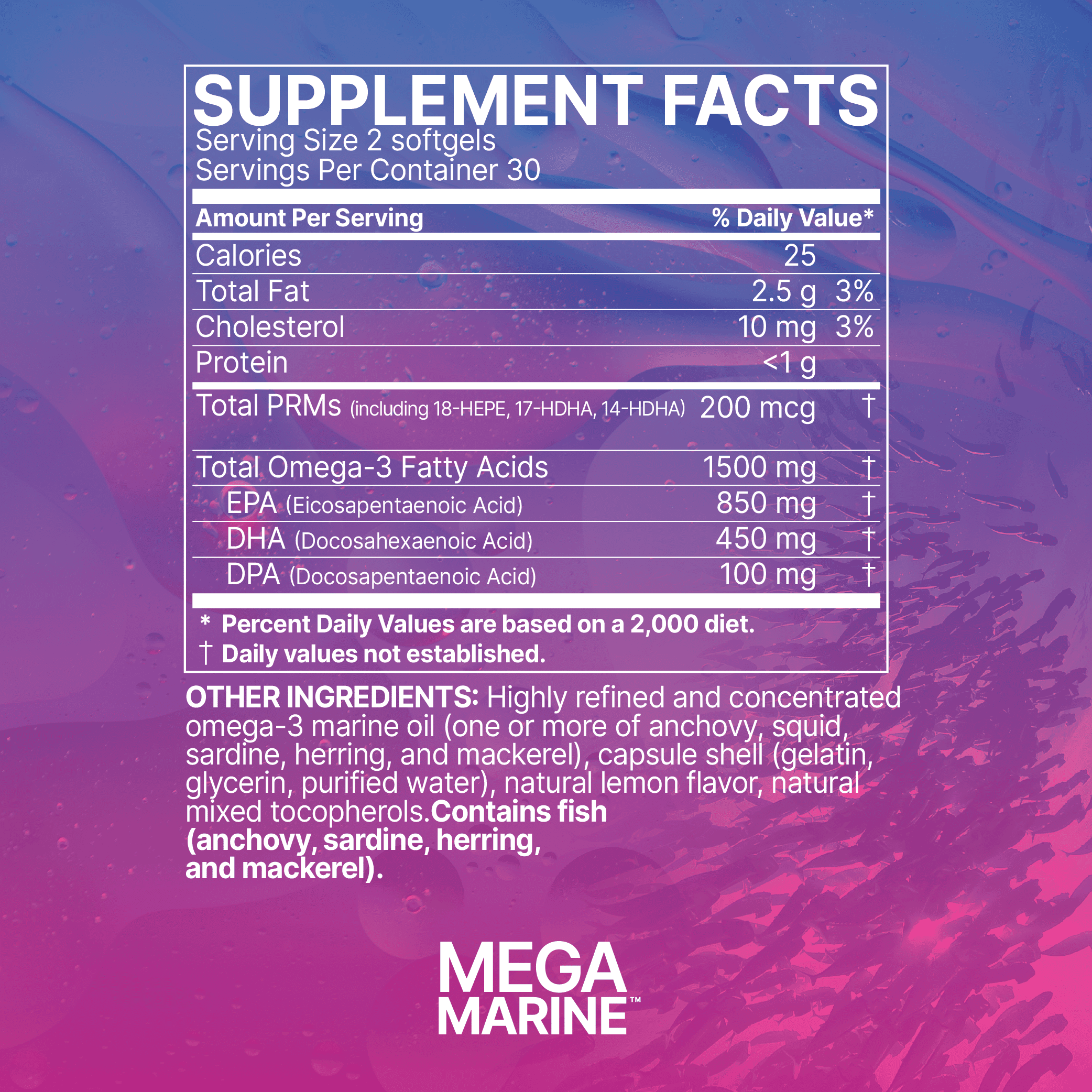 Supplement facts label for omega-3 fish oil softgels, Mega Marine, on purple background.