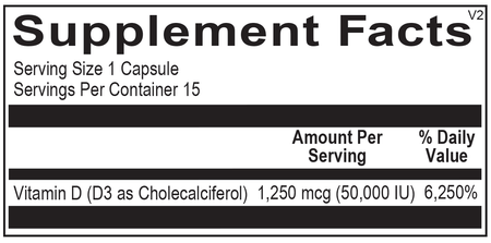 Vitamin D3 supplement facts label showing 50,000 IU per capsule, 15 servings per container.