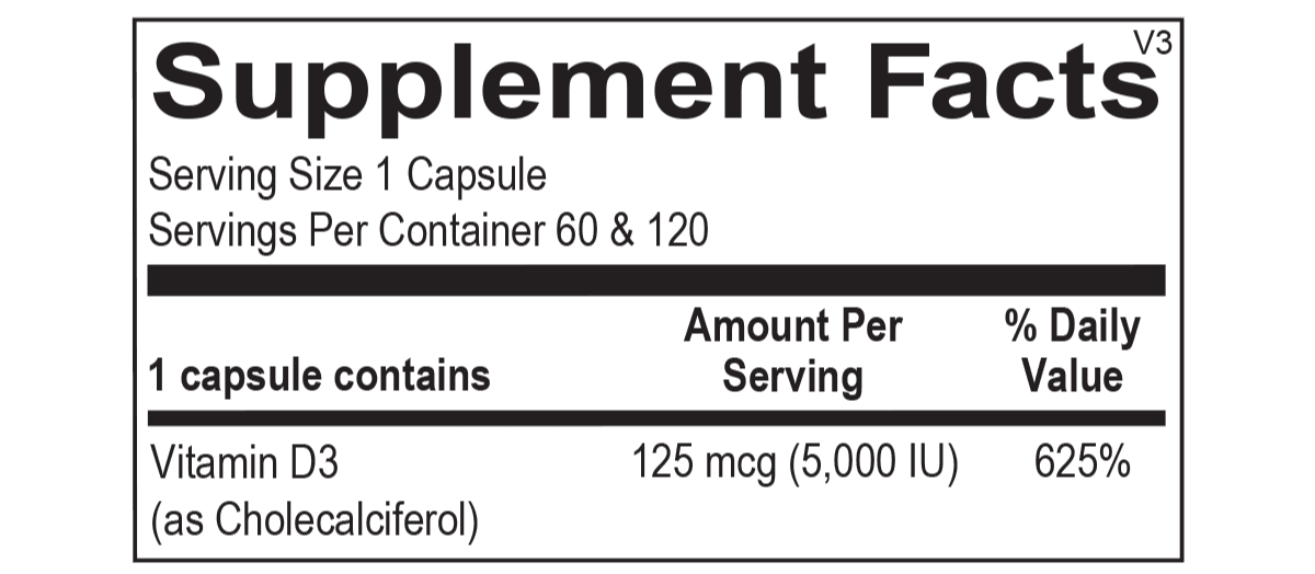 Supplement facts label for Vitamin D3 capsule, 125 mcg (5000 IU), 625% daily value.
