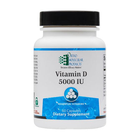 Vitamin D 5000 IU dietary supplement bottle, 60 capsules, white with blue label
