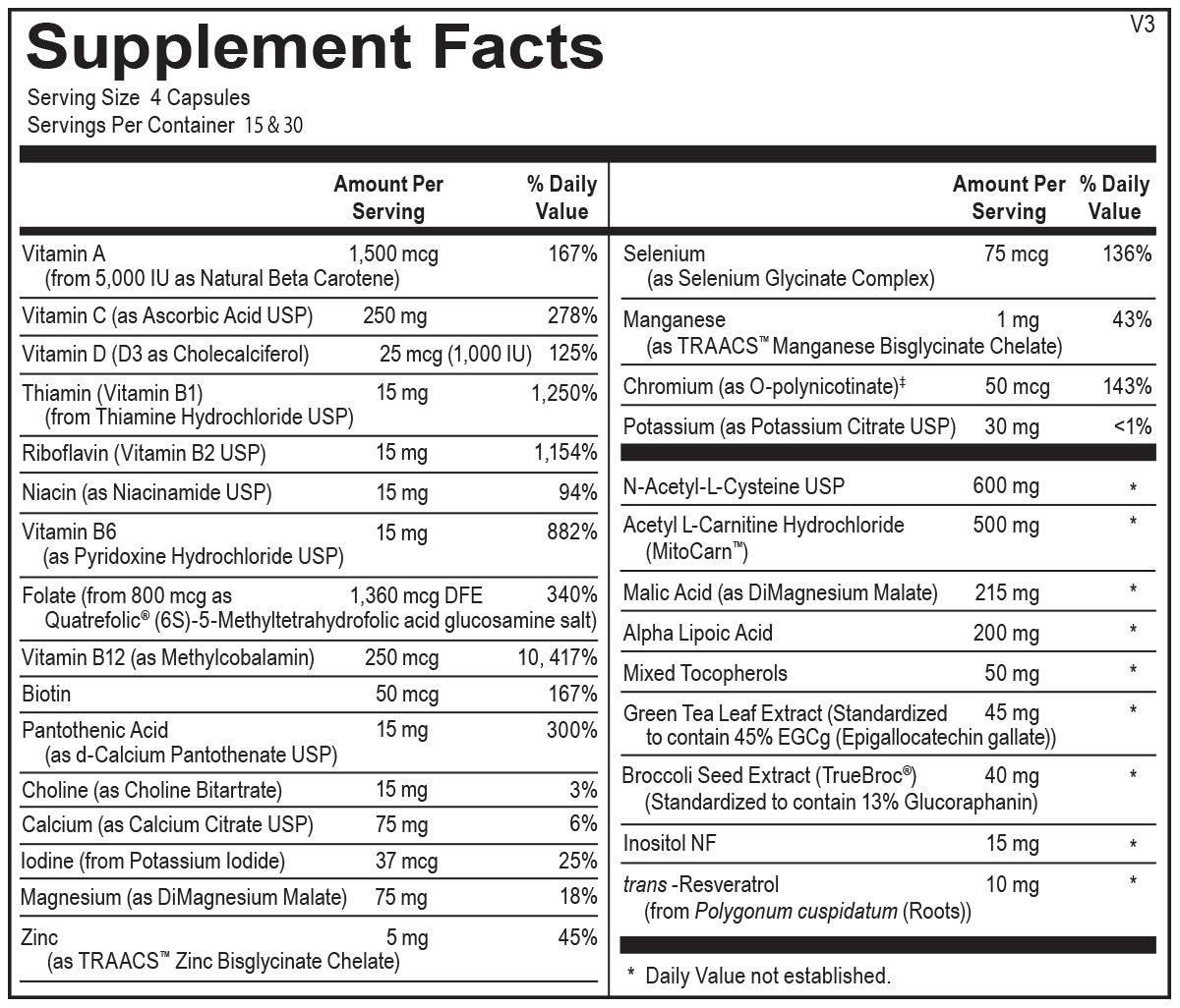 Mitocore supplement facts label showing vitamin, mineral, and nutrient ingredients per serving.