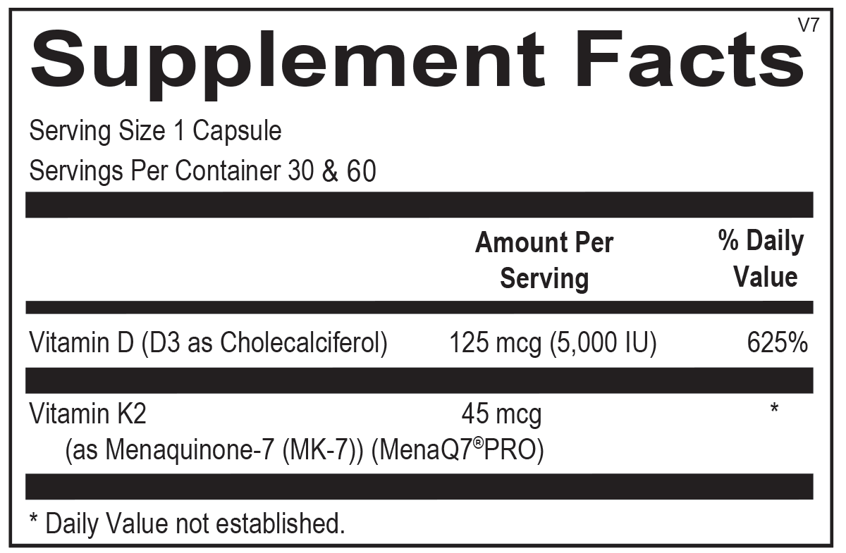 Supplement Facts label for Vitamin K2 with D3 capsules, listing dosages per serving.