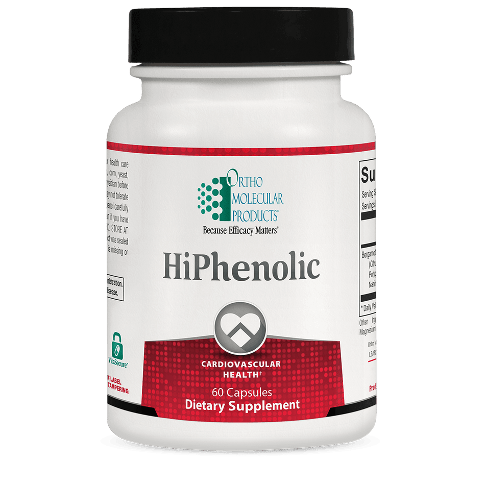 HiPhenolic dietary supplement bottle for cardiovascular health, 60 capsules, white and red label.