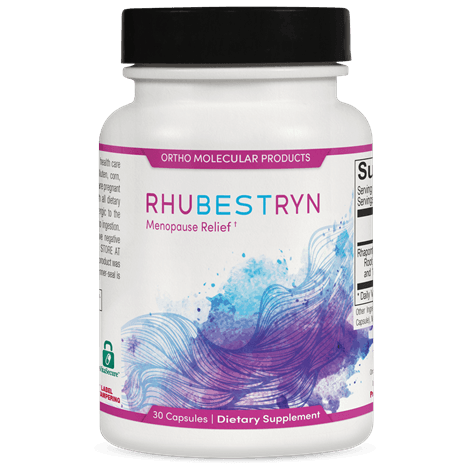 Rhubestryn menopause relief dietary supplement bottle with purple abstract design
