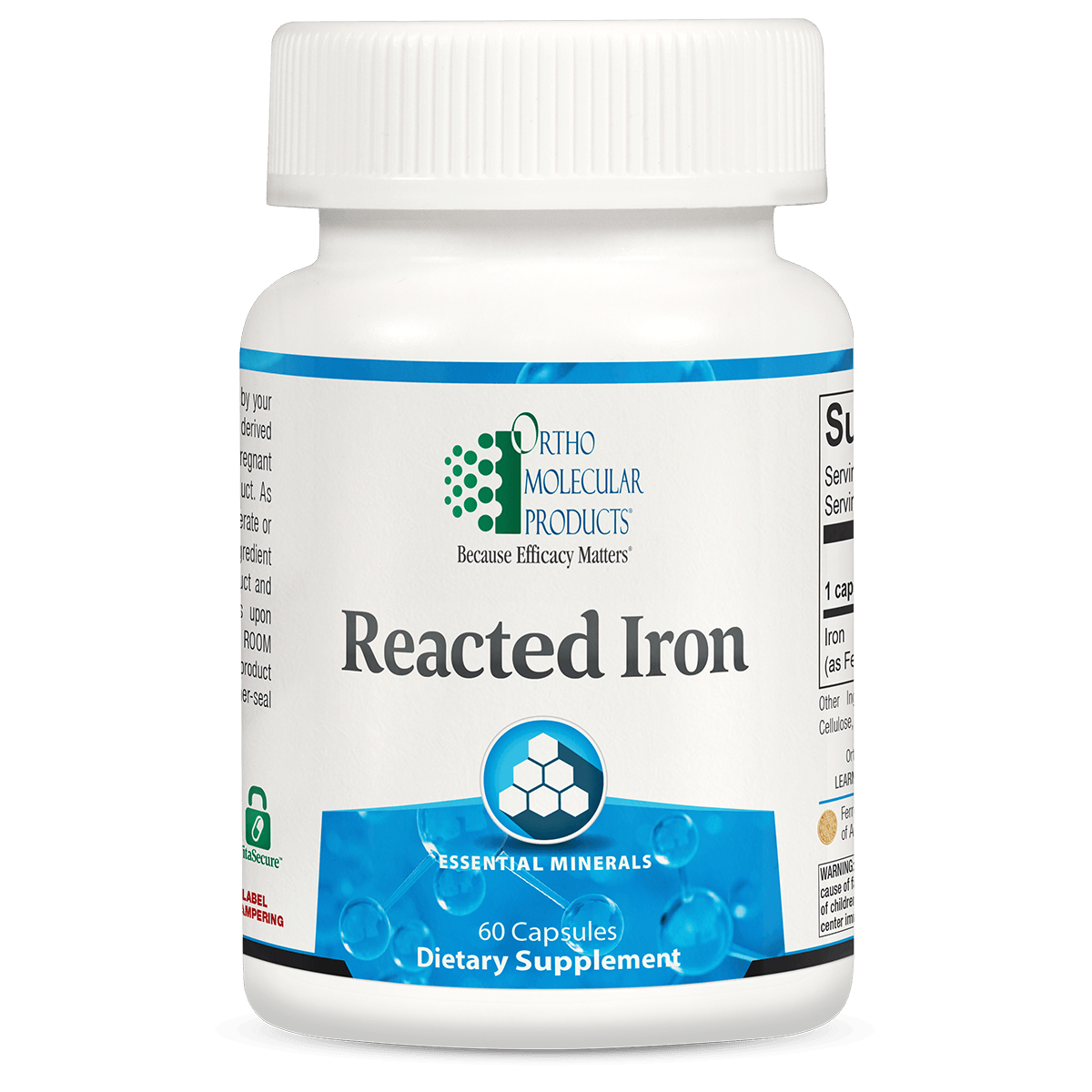 Reacted Iron dietary supplement bottle, 60 capsules, essential minerals label