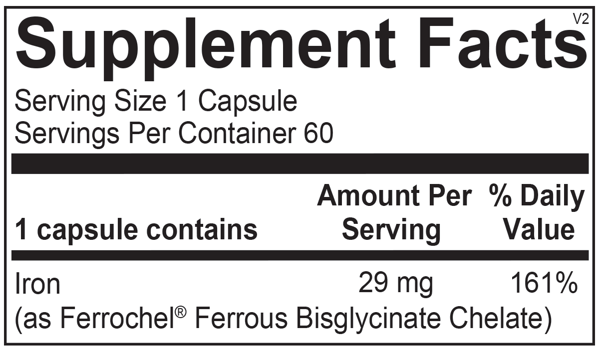 Iron supplement facts label showing 29 mg per capsule, 161% daily value, 60 servings