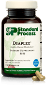 Bottle of Diaplex dietary supplement capsules for healthy glucose metabolism with two capsules shown