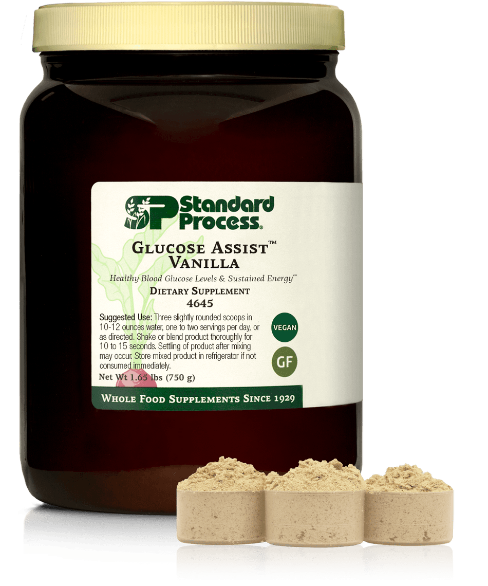 Glucose Assist Vanilla powder dietary supplement jar with scoops, vegan and gluten free.