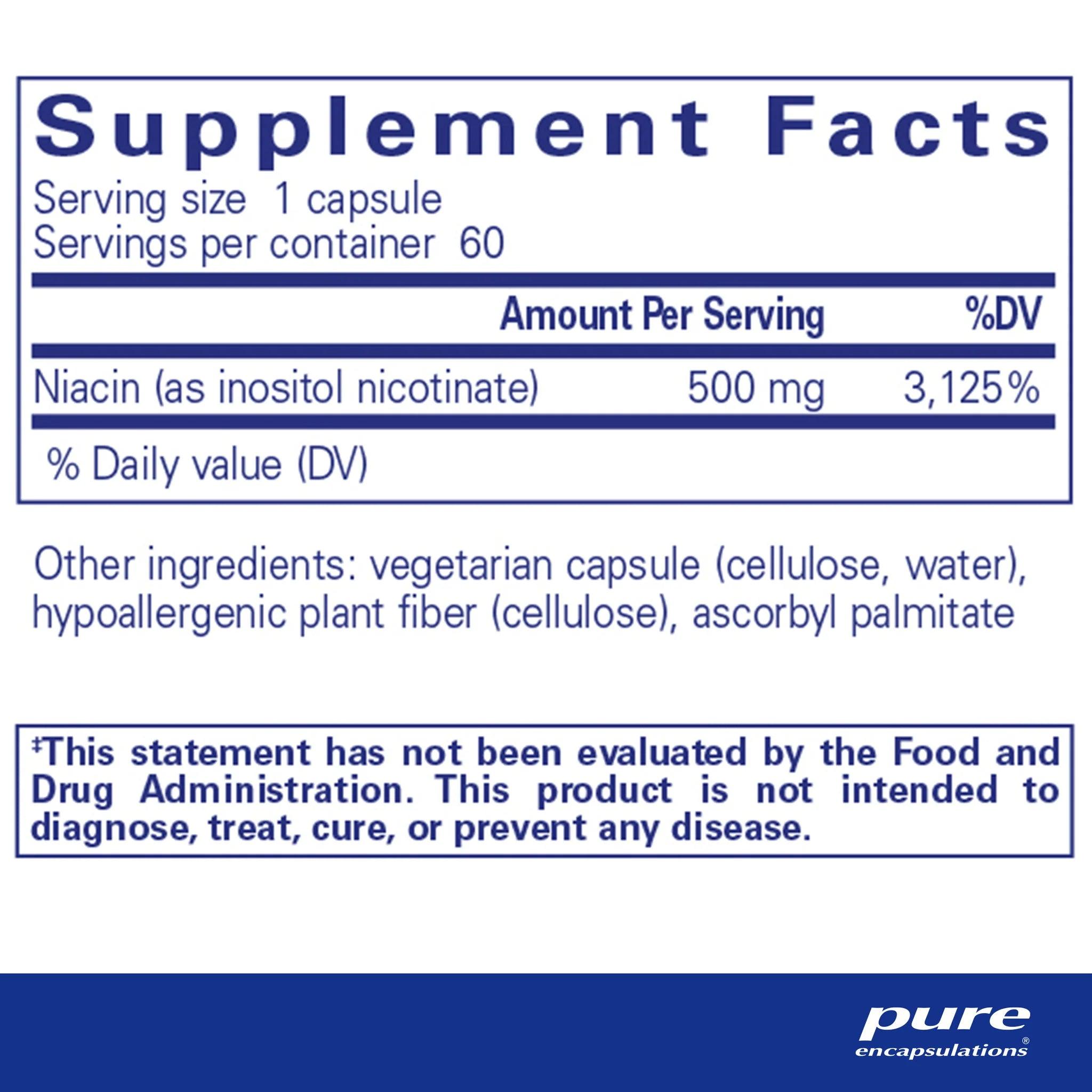 Supplement facts label for niacin capsules, 500mg inositol nicotinate per serving, 60 capsules.