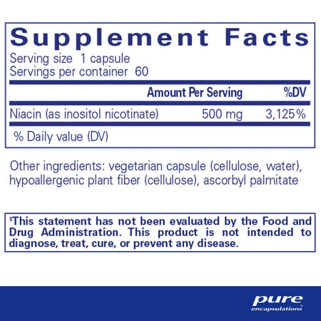 Supplement facts label for niacin capsules, 500mg inositol nicotinate per serving, 60 capsules.