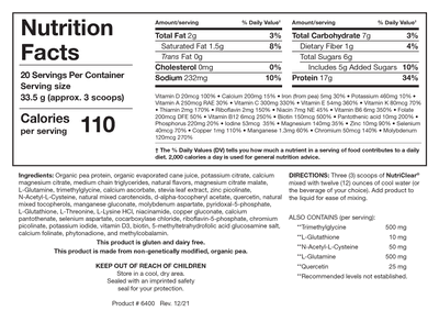 Supplement nutrition facts label showing calories, protein, vitamins, minerals, ingredients, and serving size.