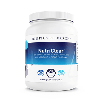 NutriClear supplement powder container for detox and metabolic support, 24 ounces.