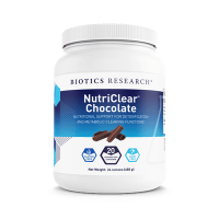 NutriClear Chocolate supplement powder container with blue label and chocolate pieces