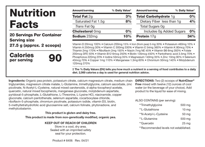 Supplement nutrition facts label showing serving size, calories, vitamins, minerals, and ingredients.