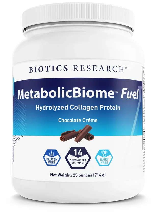 MetabolicBiome Fuel hydrolyzed collagen protein powder chocolate crème, gluten and dairy free