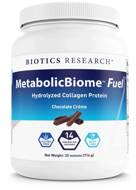 MetabolicBiome Fuel hydrolyzed collagen protein powder chocolate crème, gluten and dairy free