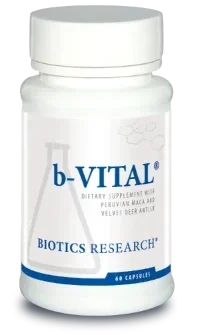 b-VITAL dietary supplement bottle with Peruvian maca and velvet deer antler, 60 capsules