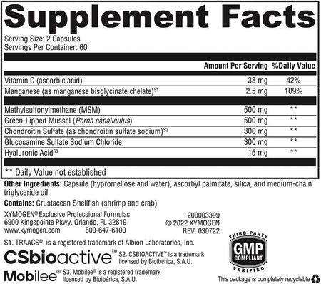 Supplement facts label showing ingredients like MSM, green-lipped mussel, chondroitin, glucosamine, hyaluronic acid, and vitamin C.