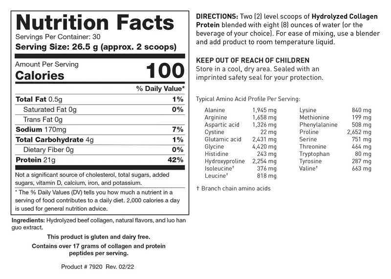 Supplement nutrition facts label showing serving size, calories, protein, and carb content.