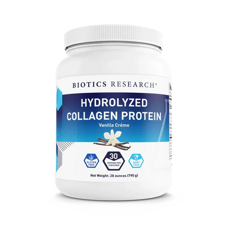 Hydrolyzed collagen protein powder vanilla crème supplement container with gluten free and dairy free labels