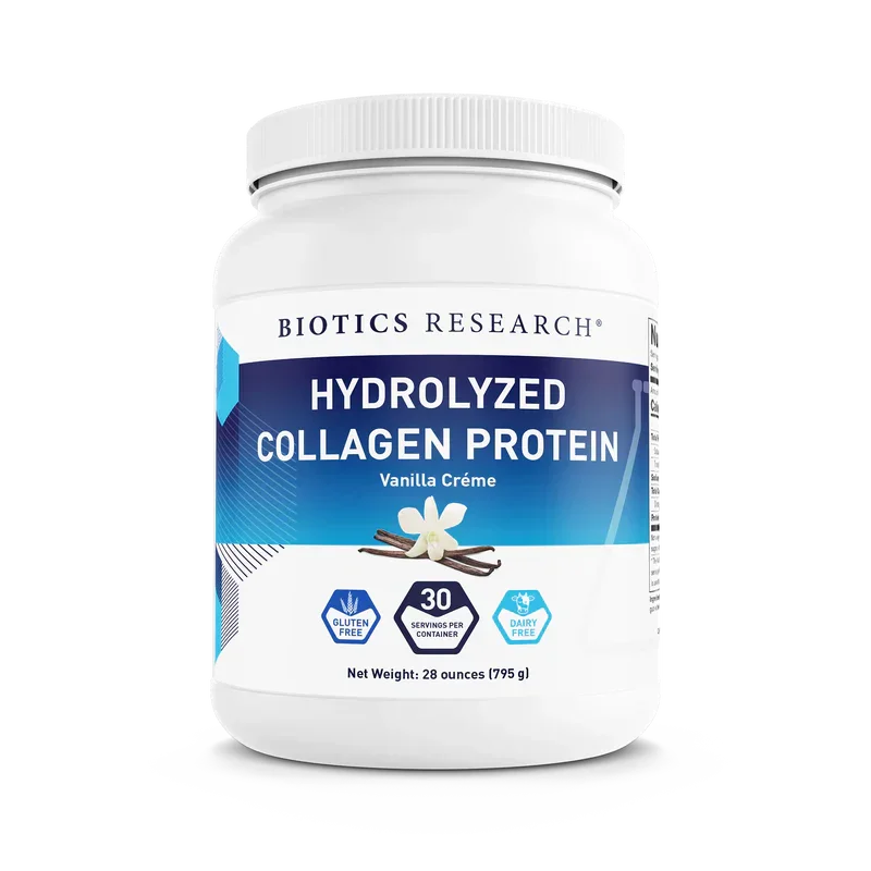 Hydrolyzed collagen protein powder vanilla crème supplement container with gluten free and dairy free labels