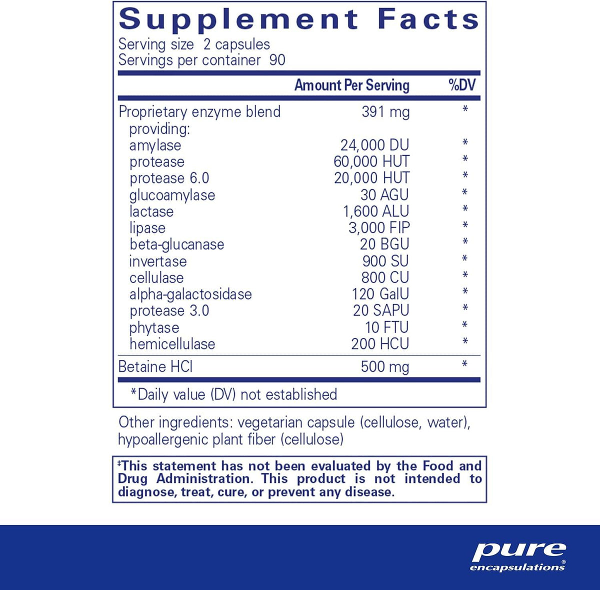 Supplement Facts label for enzyme blend capsules with Betaine HCl and Pure Encapsulations logo.