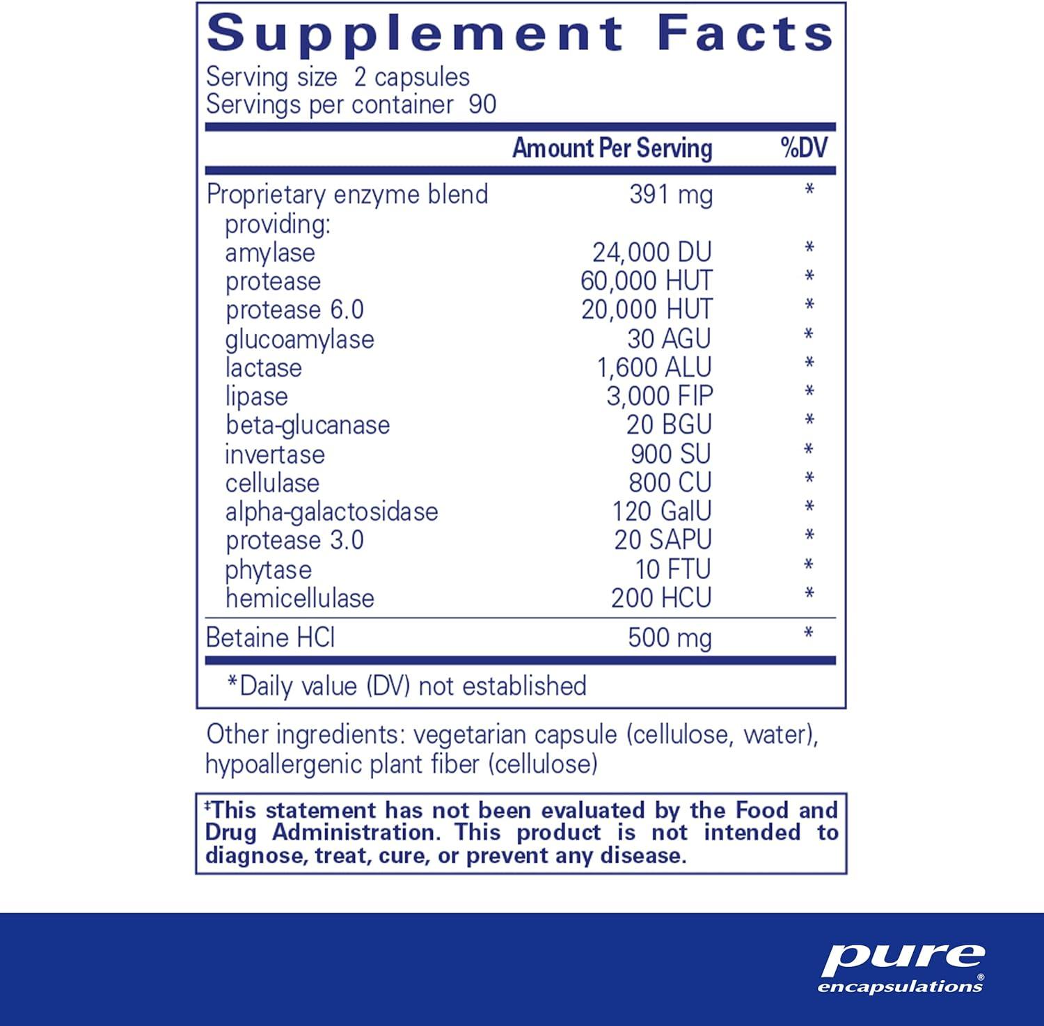 Supplement Facts label for enzyme blend capsules with Betaine HCl and Pure Encapsulations logo.