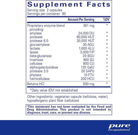 Supplement Facts label for enzyme blend capsules with Betaine HCl and Pure Encapsulations logo.