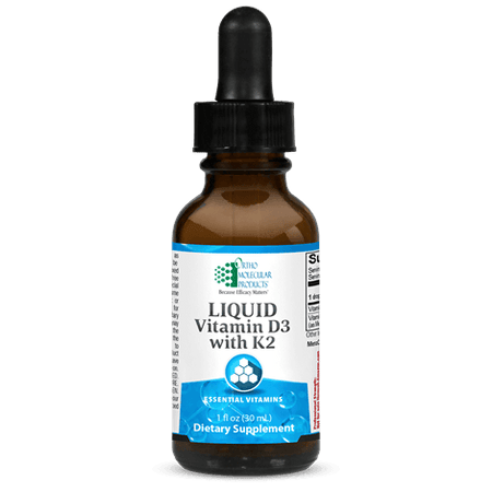 Liquid Vitamin D3 with K2 supplement dropper bottle, blue and white label, dietary vitamins