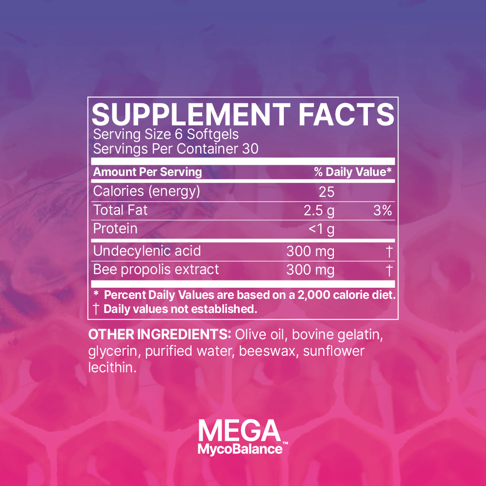 Supplement facts label for MEGA MycoBalance softgels with serving details and ingredients.