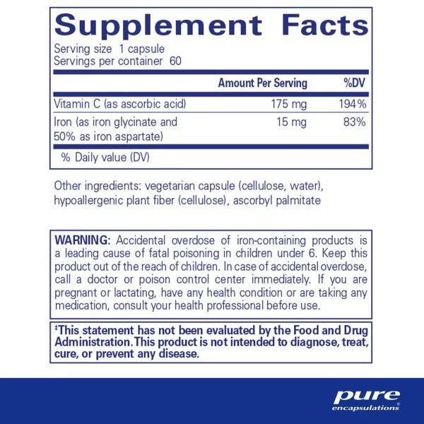 Supplement Facts label for vegetarian capsules with vitamin C and iron information.