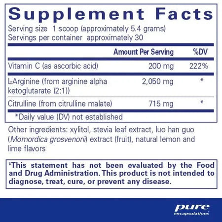 Supplement facts label showing Vitamin C, L-Arginine, Citrulline, and ingredient list.