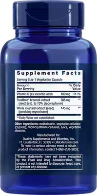 Blue supplement bottle with nutrition label listing vitamin C, broccoli extract, and mustard seed extract