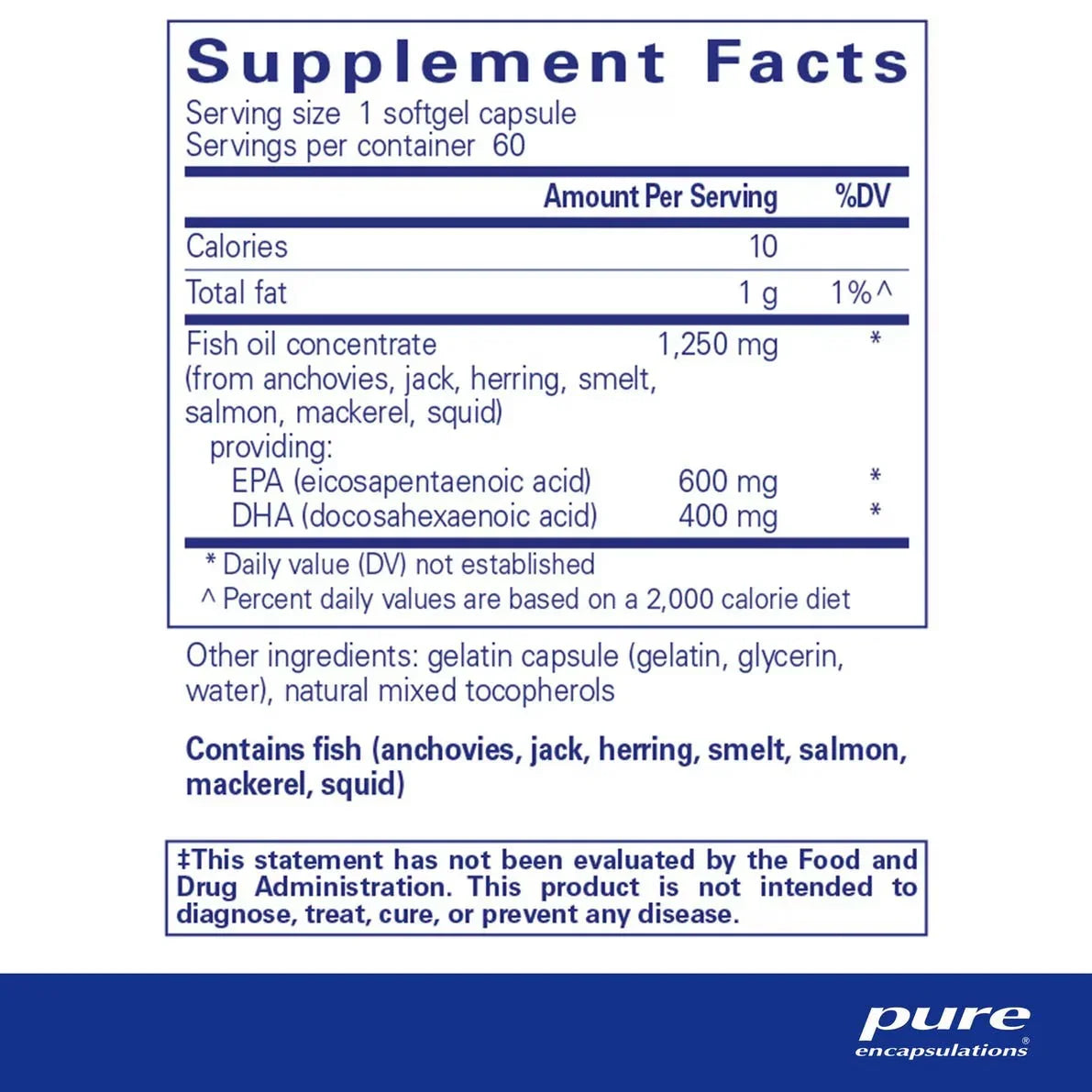 Fish oil supplement facts label with EPA and DHA omega-3 content and allergen information.