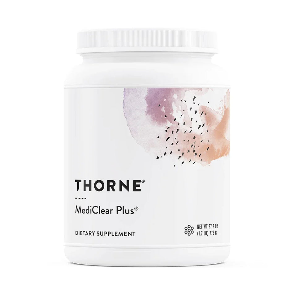 Thorne MediClear Plus dietary supplement container with abstract label design on white background.