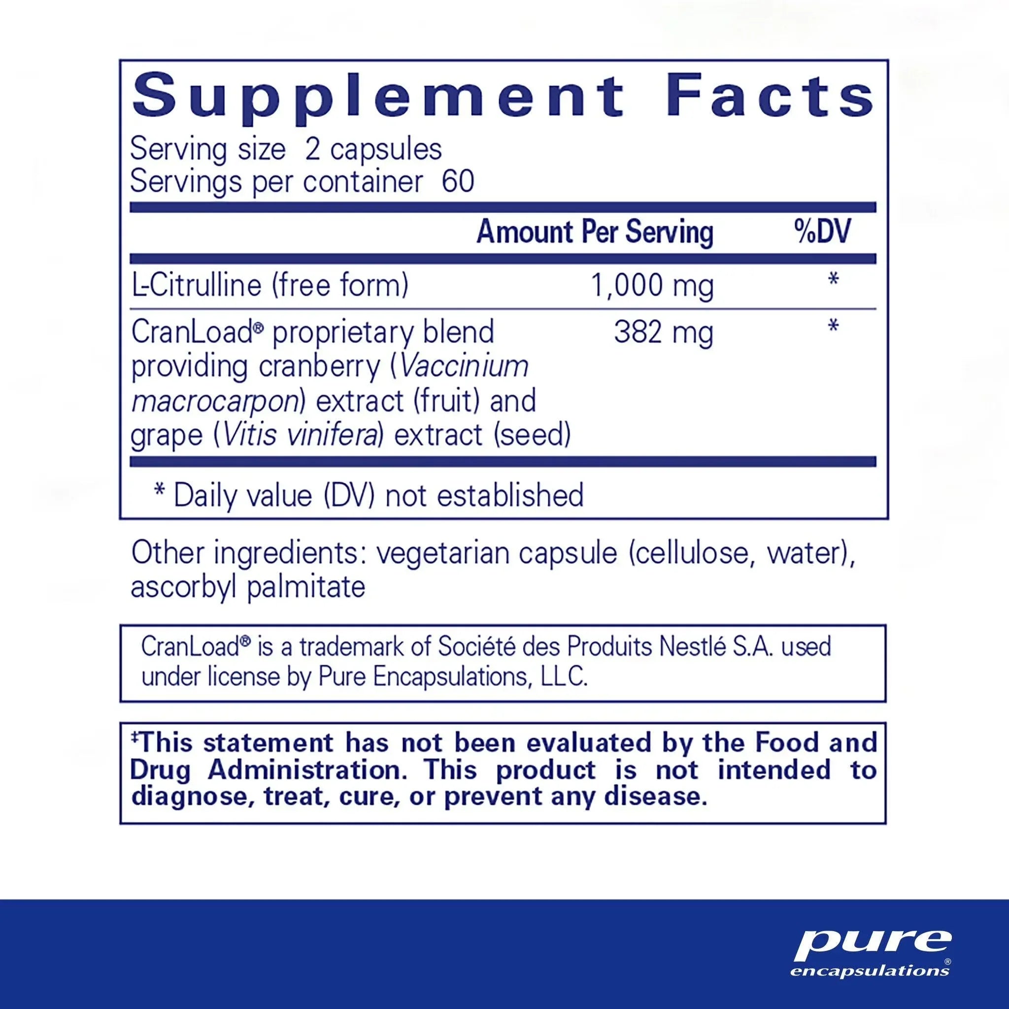 Supplement facts label for L-Citrulline and CranLoad cranberry and grape extract capsules.