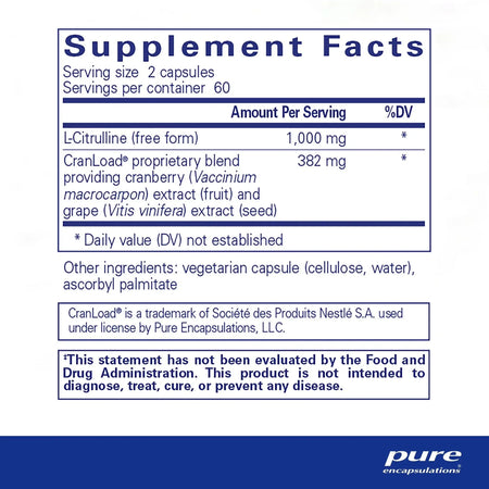 Supplement facts label for L-Citrulline and CranLoad cranberry and grape extract capsules.