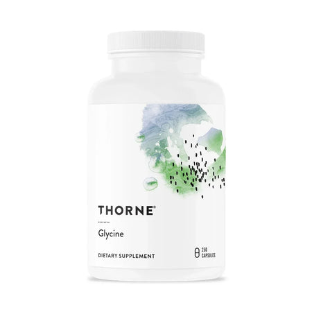 Thorne Glycine dietary supplement bottle with abstract green and blue label design, 250 capsules