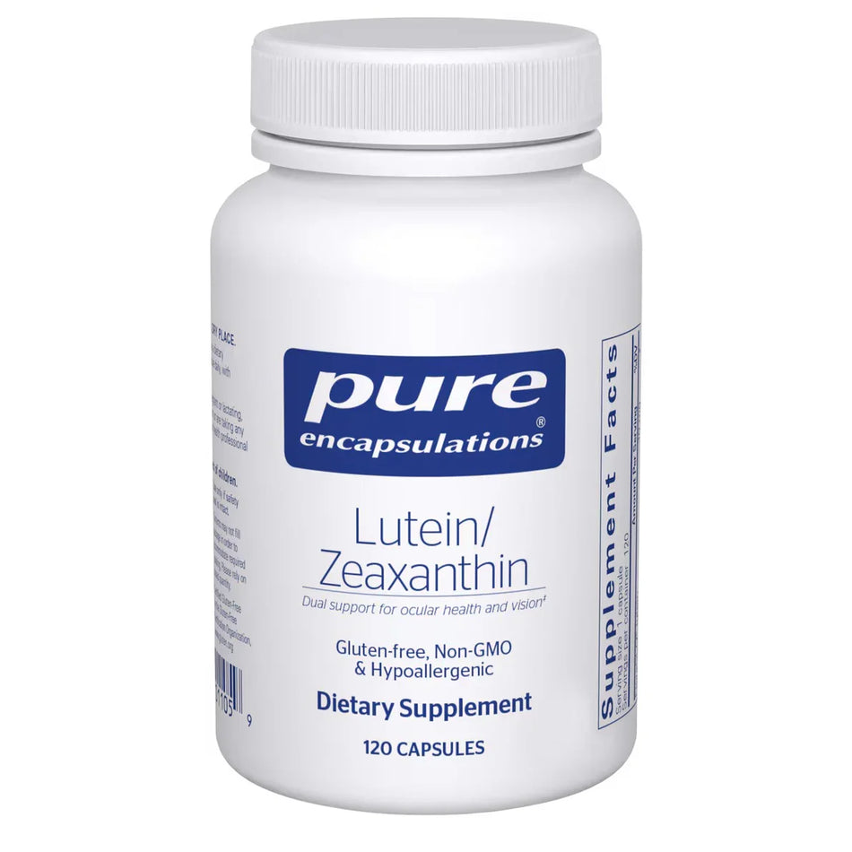 Lutein Zeaxanthin dietary supplement bottle, 120 capsules, gluten-free non-GMO hypoallergenic