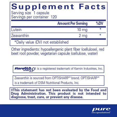Supplement facts label for lutein and zeaxanthin capsule, hypoallergenic ingredients, 120 count.