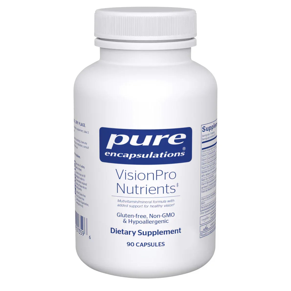 Pure Encapsulations VisionPro Nutrients dietary supplement bottle, 90 capsules, gluten-free.
